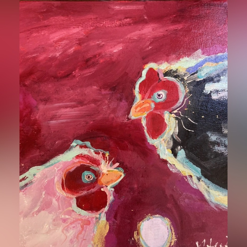 Three Chickens And An Egg””An Acrylic Original Painting 16”x12” On Canvas - Picture 12 of 14